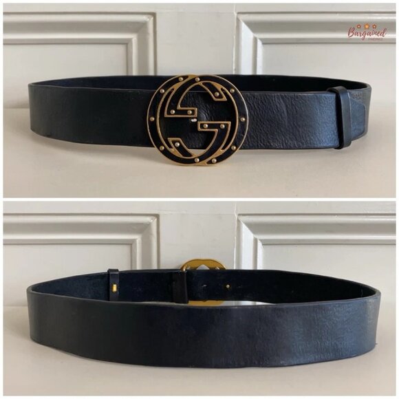 Authentic Gucci Black Leather Gold Studded Interlocking G Buckle Belt Size 80/32 - Picture 5 of 13